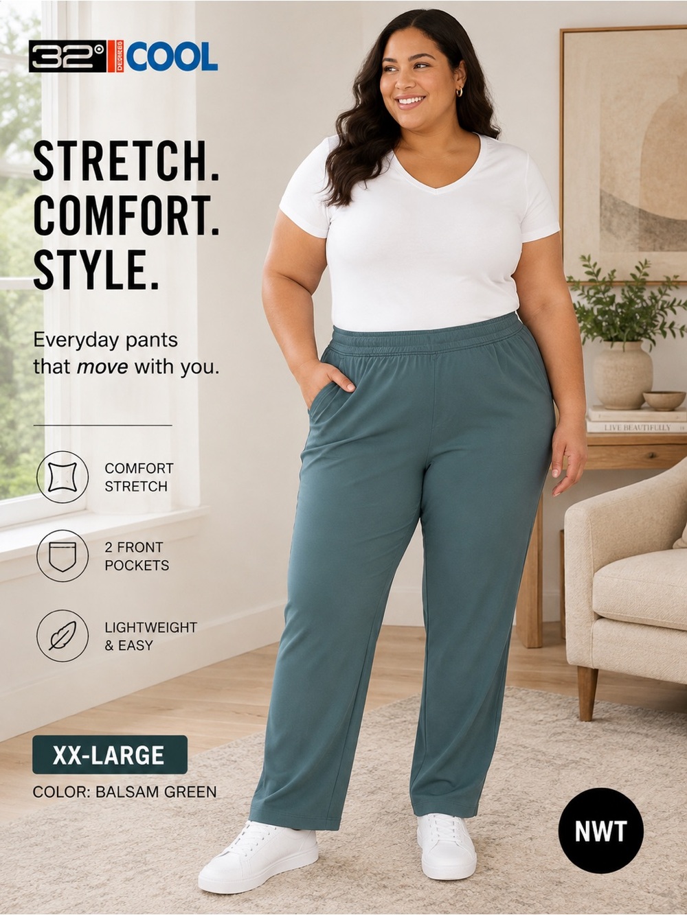 NWT 32 Degrees Cool Balsam Green Stretch Pull-On Pants 28.5” XXL